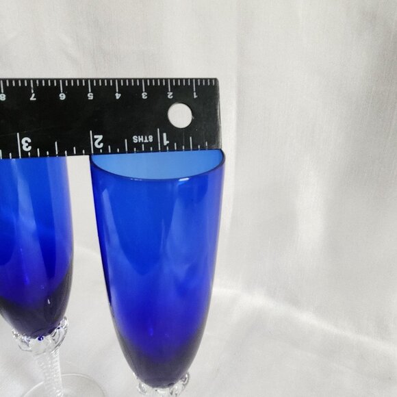 Elegant Blue Crystal Champagne Flutes With Clear Textured Stems Set Of 4 8.5" Ta - Picture 6 of 7